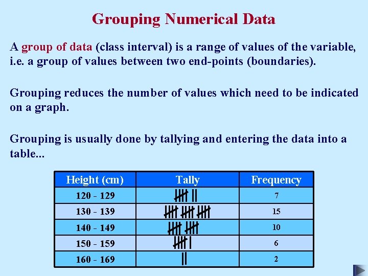 Grouping Numerical Data A group of data (class interval) is a range of values