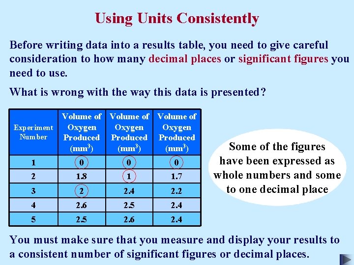 Using Units Consistently Before writing data into a results table, you need to give