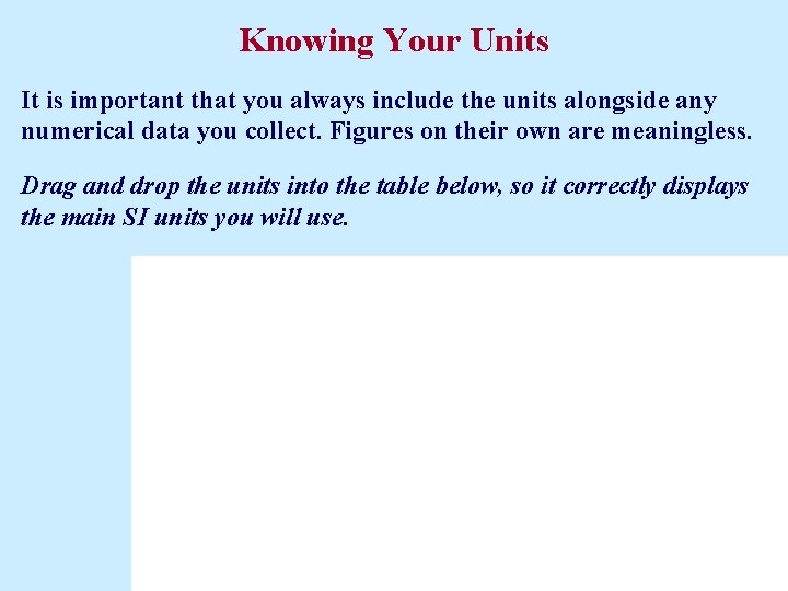 Knowing Your Units It is important that you always include the units alongside any