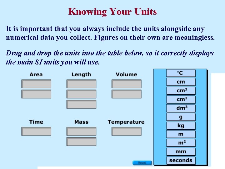 Knowing Your Units It is important that you always include the units alongside any