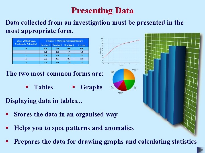 Presenting Data collected from an investigation must be presented in the most appropriate form.