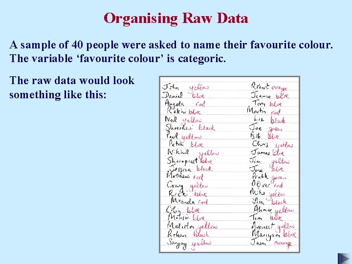 Organising Raw Data A sample of 40 people were asked to name their favourite