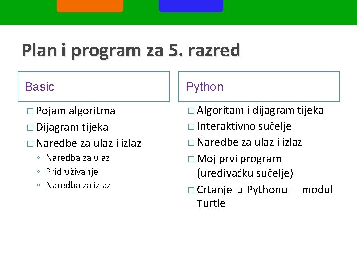 Plan i program za 5. razred Basic Python � Pojam � Algoritam algoritma �