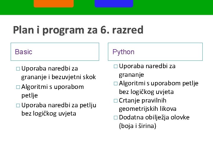 Plan i program za 6. razred Basic Python � Uporaba naredbi za grananje i