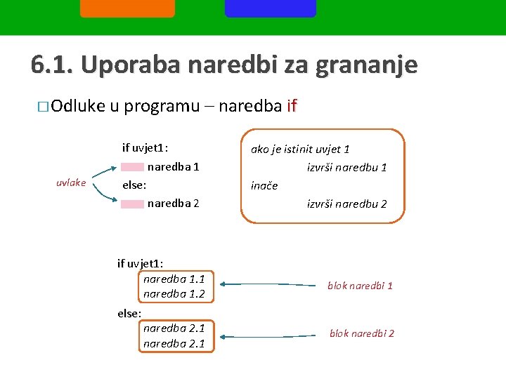 6. 1. Uporaba naredbi za grananje � Odluke uvlake u programu – naredba if
