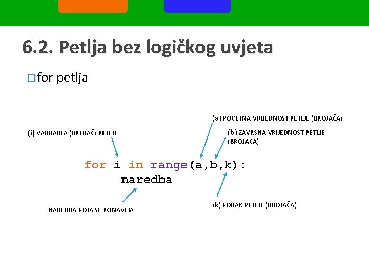 6. 2. Petlja bez logičkog uvjeta � for petlja (a) POČETNA VRIJEDNOST PETLJE (BROJAČA)