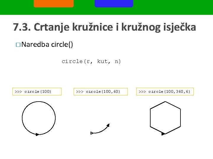 7. 3. Crtanje kružnice i kružnog isječka � Naredba circle() circle(r, kut, n) >>>
