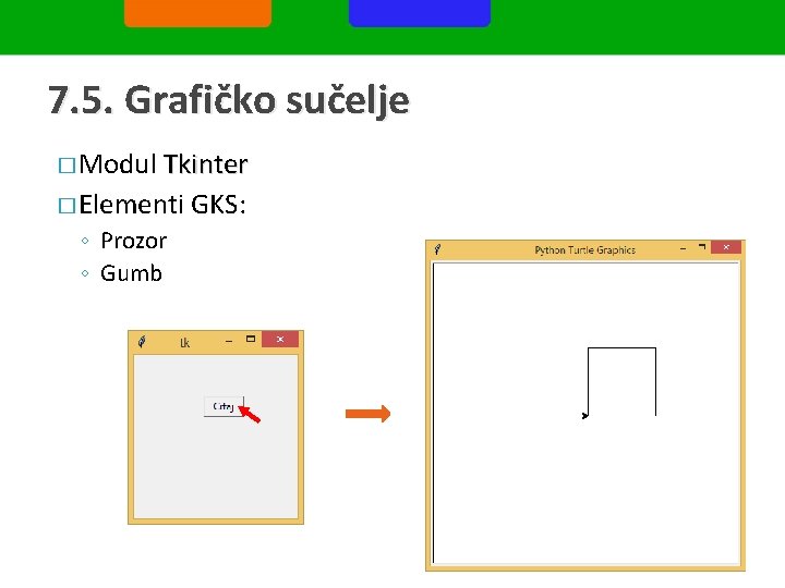 7. 5. Grafičko sučelje � Modul Tkinter � Elementi GKS: ◦ Prozor ◦ Gumb