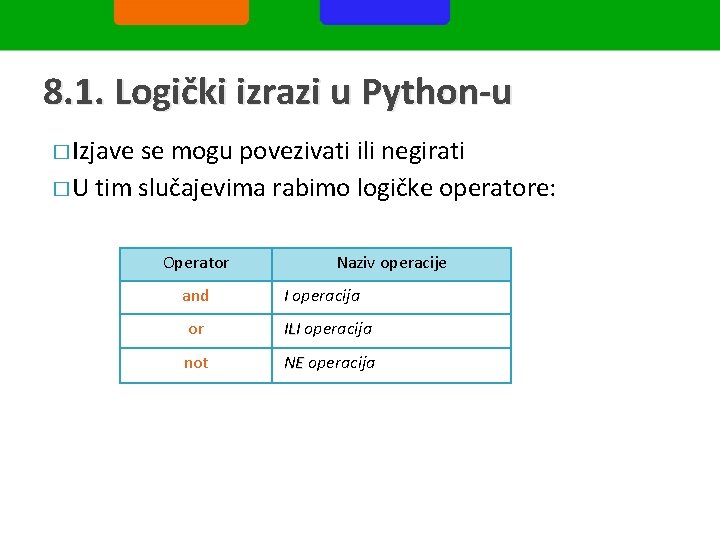 8. 1. Logički izrazi u Python-u � Izjave se mogu povezivati ili negirati �