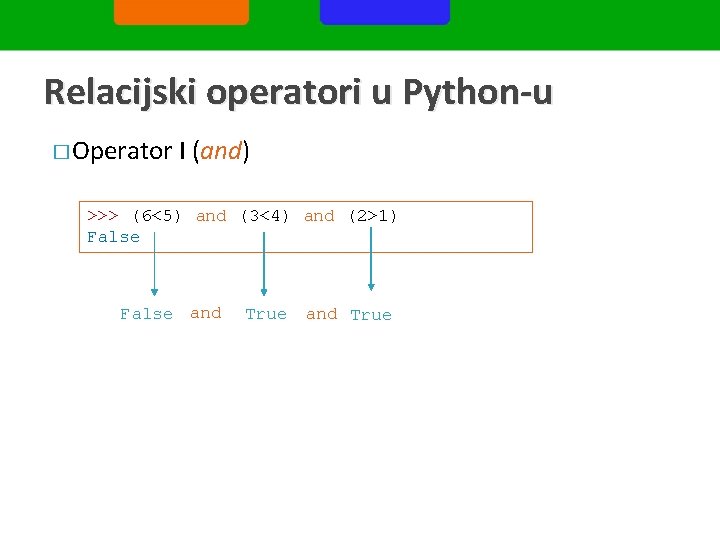 Relacijski operatori u Python-u � Operator I (and) >>> (6<5) and (3<4) and (2>1)