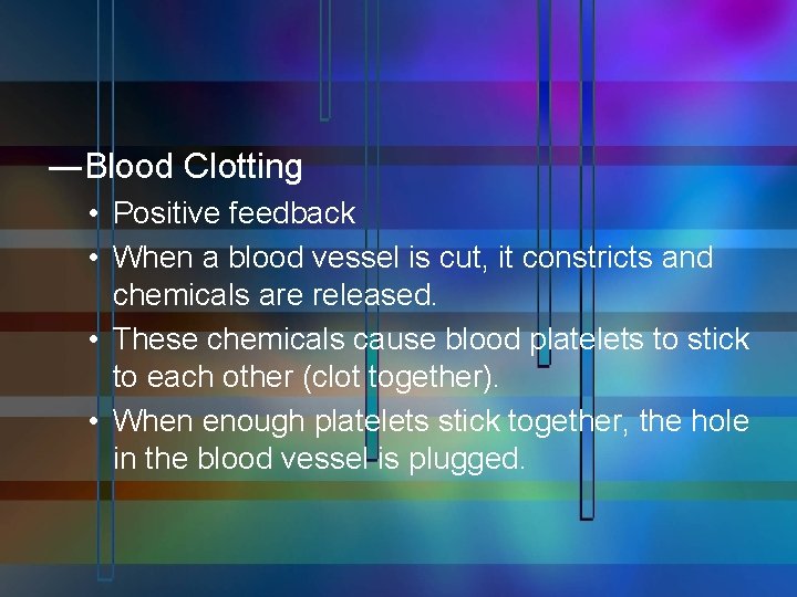―Blood Clotting • Positive feedback • When a blood vessel is cut, it constricts
