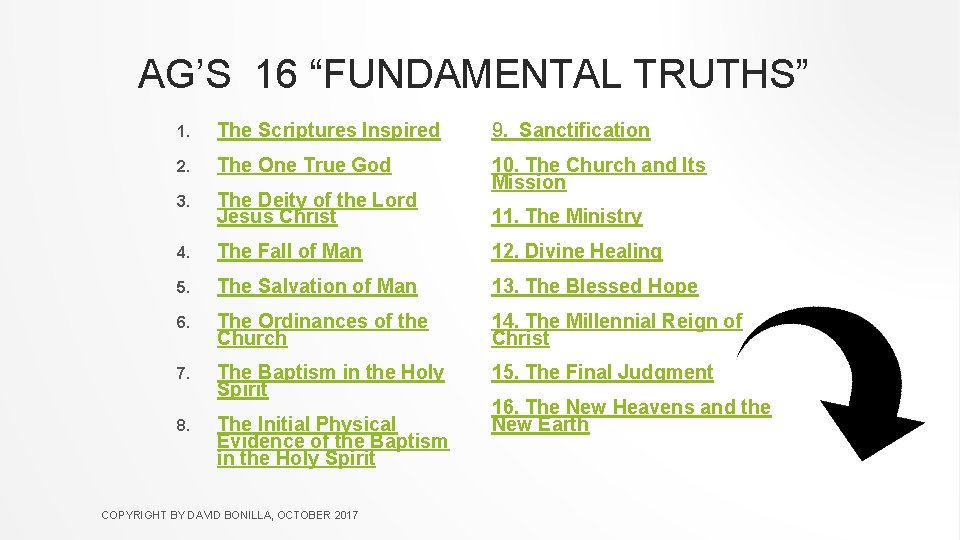 AG’S 16 “FUNDAMENTAL TRUTHS” 1. The Scriptures Inspired 9. Sanctification 2. The One True