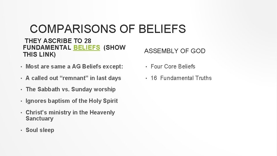 COMPARISONS OF BELIEFS THEY ASCRIBE TO 28 FUNDAMENTAL BELIEFS (SHOW THIS LINK) ASSEMBLY OF