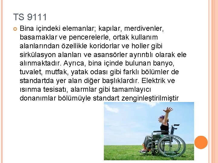 TS 9111 Bina içindeki elemanlar; kapılar, merdivenler, basamaklar ve pencerelerle, ortak kullanım alanlarından özellikle TS 9111 Bina içindeki elemanlar; kapılar, merdivenler, basamaklar ve pencerelerle, ortak kullanım alanlarından özellikle