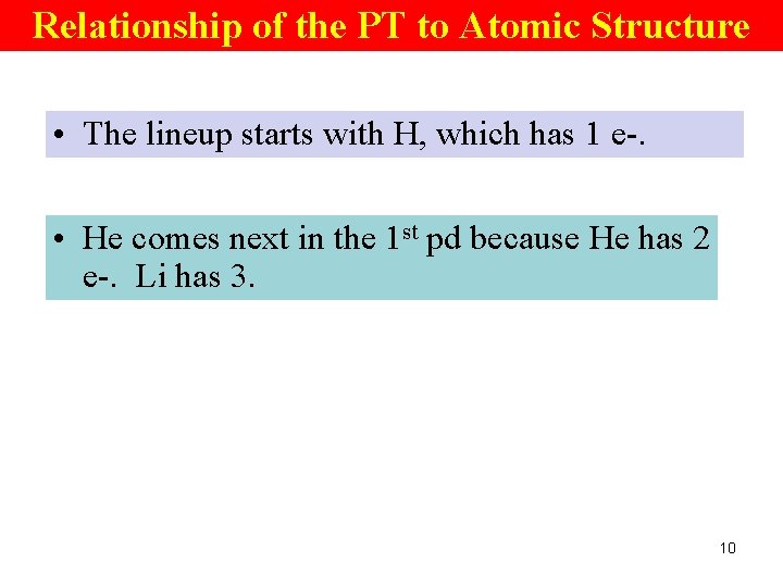 Relationship of the PT to Atomic Structure • The lineup starts with H, which