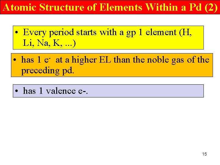 Atomic Structure of Elements Within a Pd (2) • Every period starts with a