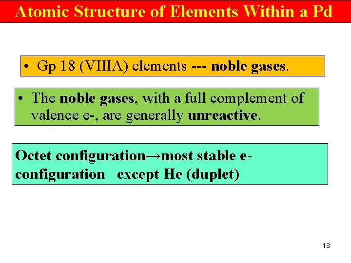 Atomic Structure of Elements Within a Pd • Gp 18 (VIIIA) elements --- noble