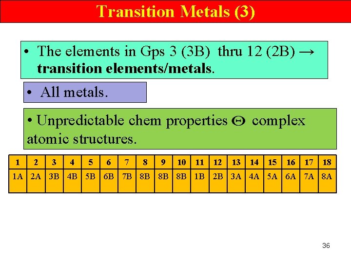 Transition Metals (3) • The elements in Gps 3 (3 B) thru 12 (2