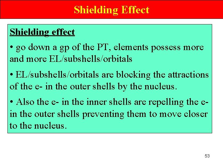 Shielding Effect Shielding effect • go down a gp of the PT, elements possess