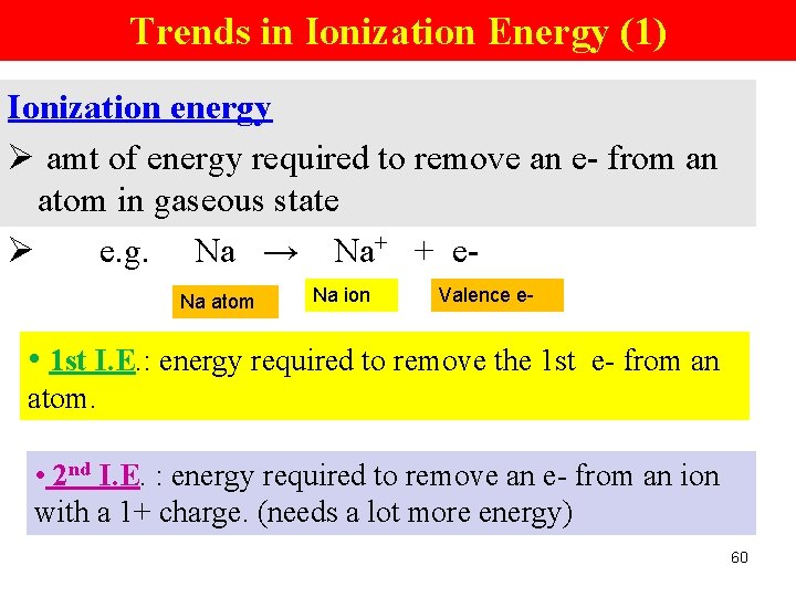 Trends in Ionization Energy (1) Ionization energy Ø amt of energy required to remove