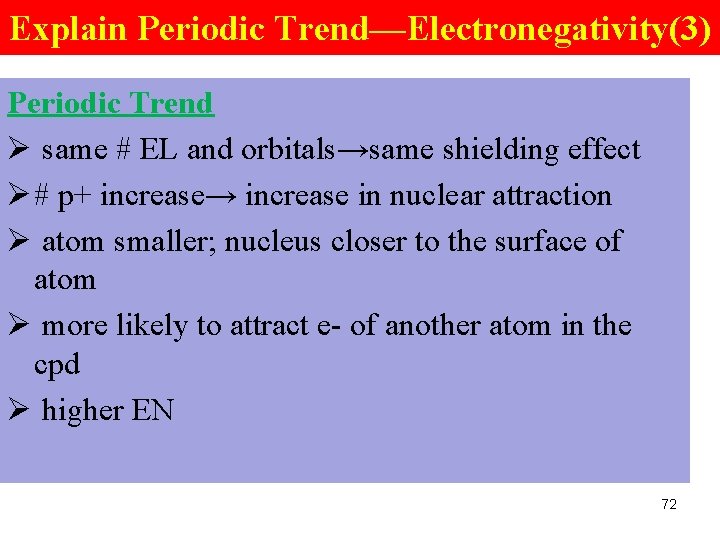 Explain Periodic Trend—Electronegativity(3) Periodic Trend Ø same # EL and orbitals→same shielding effect Ø