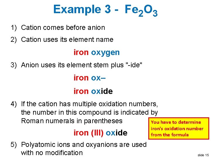 Example 3 - Fe 2 O 3 1) Cation comes before anion 2) Cation