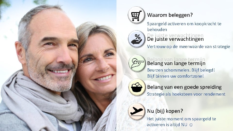 Waarom beleggen? Spaargeld activeren om koopkracht te behouden De juiste verwachtingen Vertrouw op de