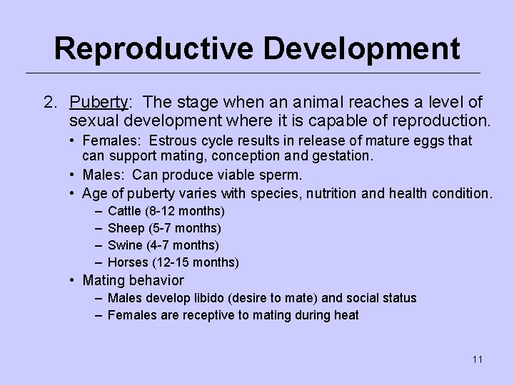 Reproductive Development 2. Puberty: The stage when an animal reaches a level of sexual