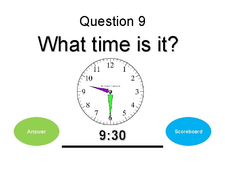 Question 9 What time is it? Answer 9: 30 Scoreboard 