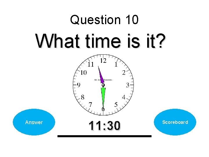 Question 10 What time is it? Answer 11: 30 Scoreboard 