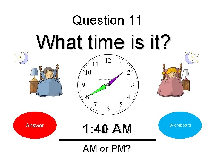 Question 11 What time is it? Answer 1: 40 AM AM or PM? Scoreboard