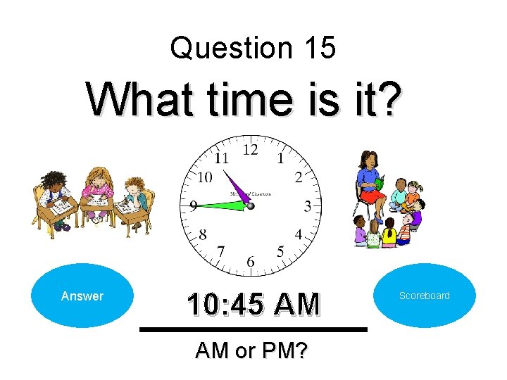 Question 15 What time is it? Answer 10: 45 AM AM or PM? Scoreboard