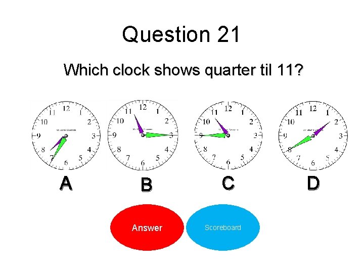 Question 21 Which clock shows quarter til 11? A B Answer C Scoreboard D