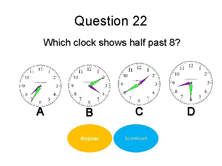 Question 22 Which clock shows half past 8? A B Answer C Scoreboard D