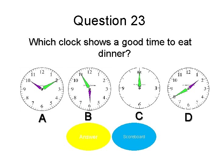 Question 23 Which clock shows a good time to eat dinner? A B Answer
