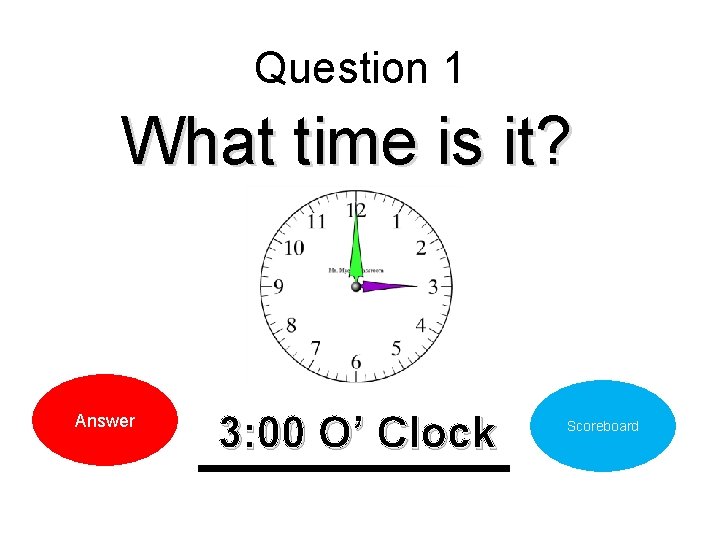 Question 1 What time is it? Answer 3: 00 O’ Clock Scoreboard 