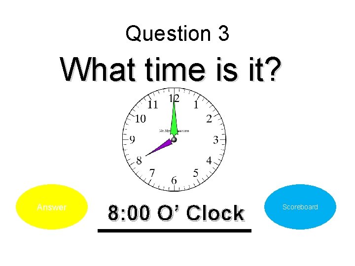 Question 3 What time is it? Answer 8: 00 O’ Clock Scoreboard 