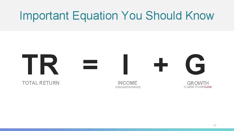 Important Equation You Should Know TR = I + G TOTAL RETURN INCOME (Interest/Dividends)