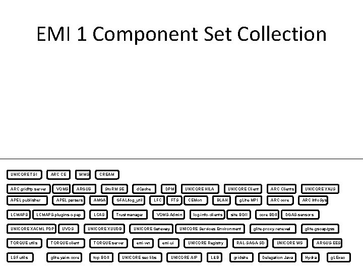EMI 1 Component Set Collection UNICORE TSI ARC CE WMS ARC gridftp server VOMS