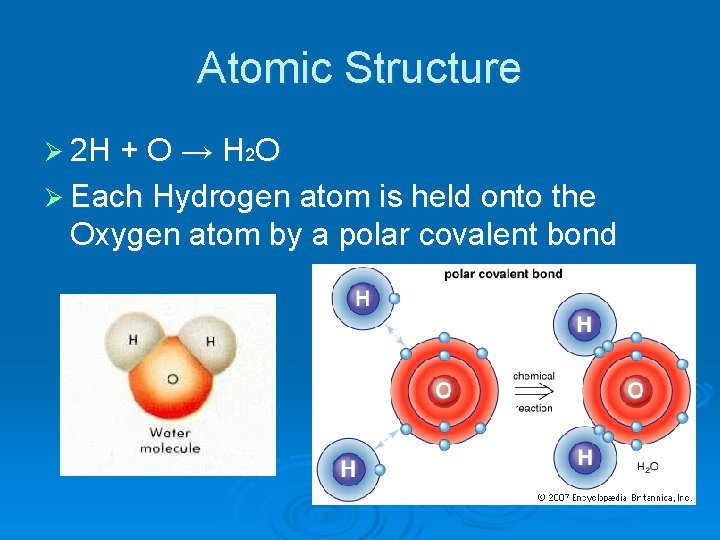Atomic Structure Ø 2 H + O → H 2 O Ø Each Hydrogen Atomic Structure Ø 2 H + O → H 2 O Ø Each Hydrogen