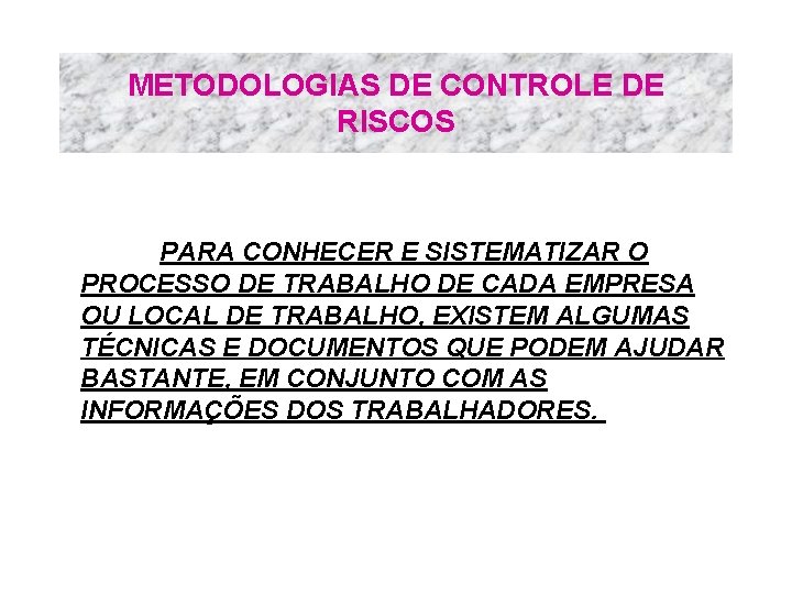 METODOLOGIAS DE CONTROLE DE RISCOS PARA CONHECER E SISTEMATIZAR O PROCESSO DE TRABALHO DE