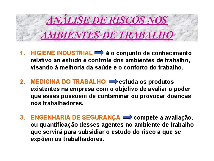 ANÁLISE DE RISCOS NOS AMBIENTES DE TRABALHO 1. HIGIENE INDUSTRIAL é o conjunto de