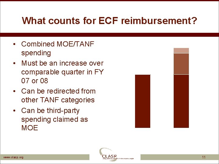 What counts for ECF reimbursement? • Combined MOE/TANF spending • Must be an increase