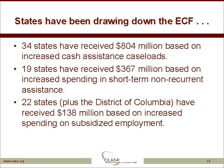 States have been drawing down the ECF. . . • 34 states have received