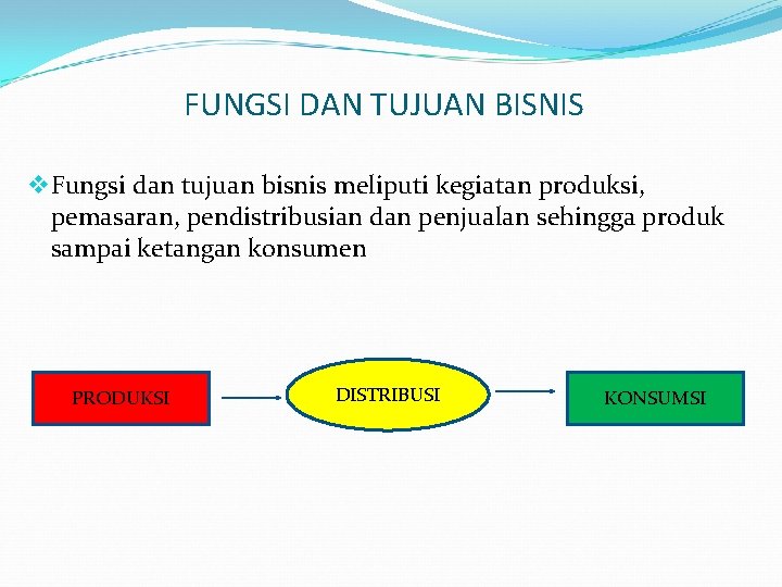 FUNGSI DAN TUJUAN BISNIS v Fungsi dan tujuan bisnis meliputi kegiatan produksi, pemasaran, pendistribusian