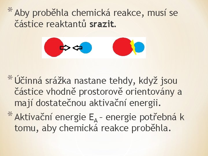 * Aby proběhla chemická reakce, musí se částice reaktantů srazit. * Účinná srážka nastane