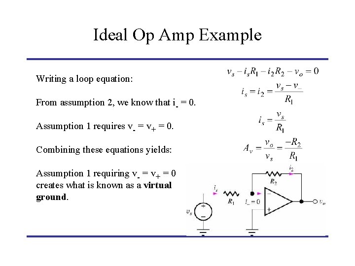 Ideal Op Amp Example Writing a loop equation: From assumption 2, we know that