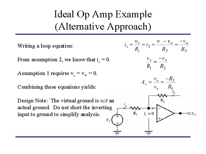 Ideal Op Amp Example (Alternative Approach) Writing a loop equation: From assumption 2, we