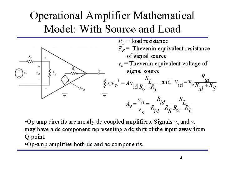 Operational Amplifier Mathematical Model: With Source and Load RL = load resistance RS =