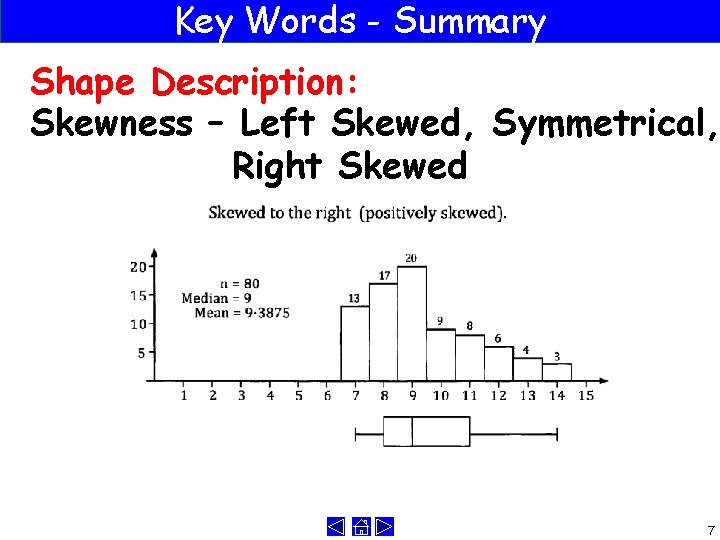 Key Words - Summary Shape Description: Skewness – Left Skewed, Symmetrical, Right Skewed 7